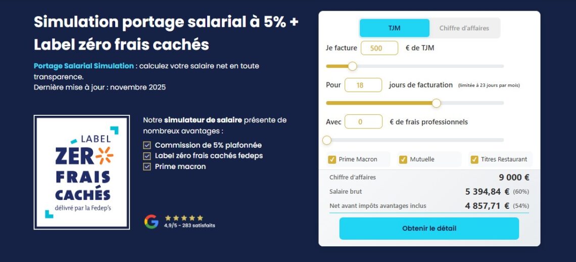 Interface de simulation de portage salarial à 5 % affichant TJM, jours facturés, salaire brut et revenu net en toute transparence