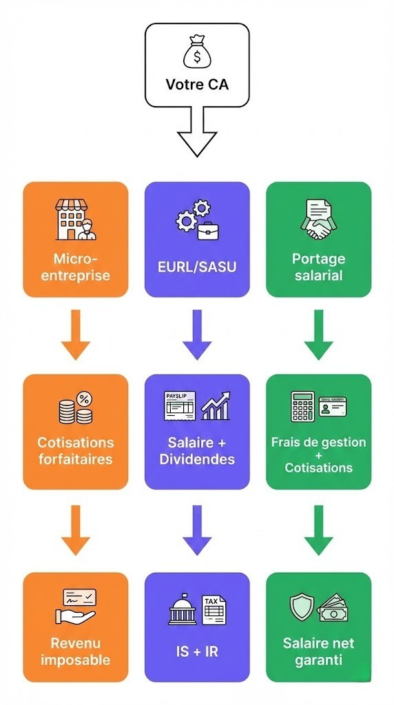 Comparatif du chiffre d’affaires et du revenu net selon les statuts freelance : micro-entreprise, SASU, EURL et portage salarial