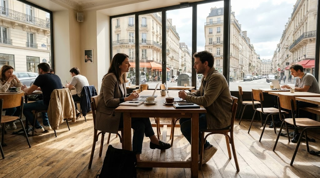 Freelance calculant son TJM devant un café