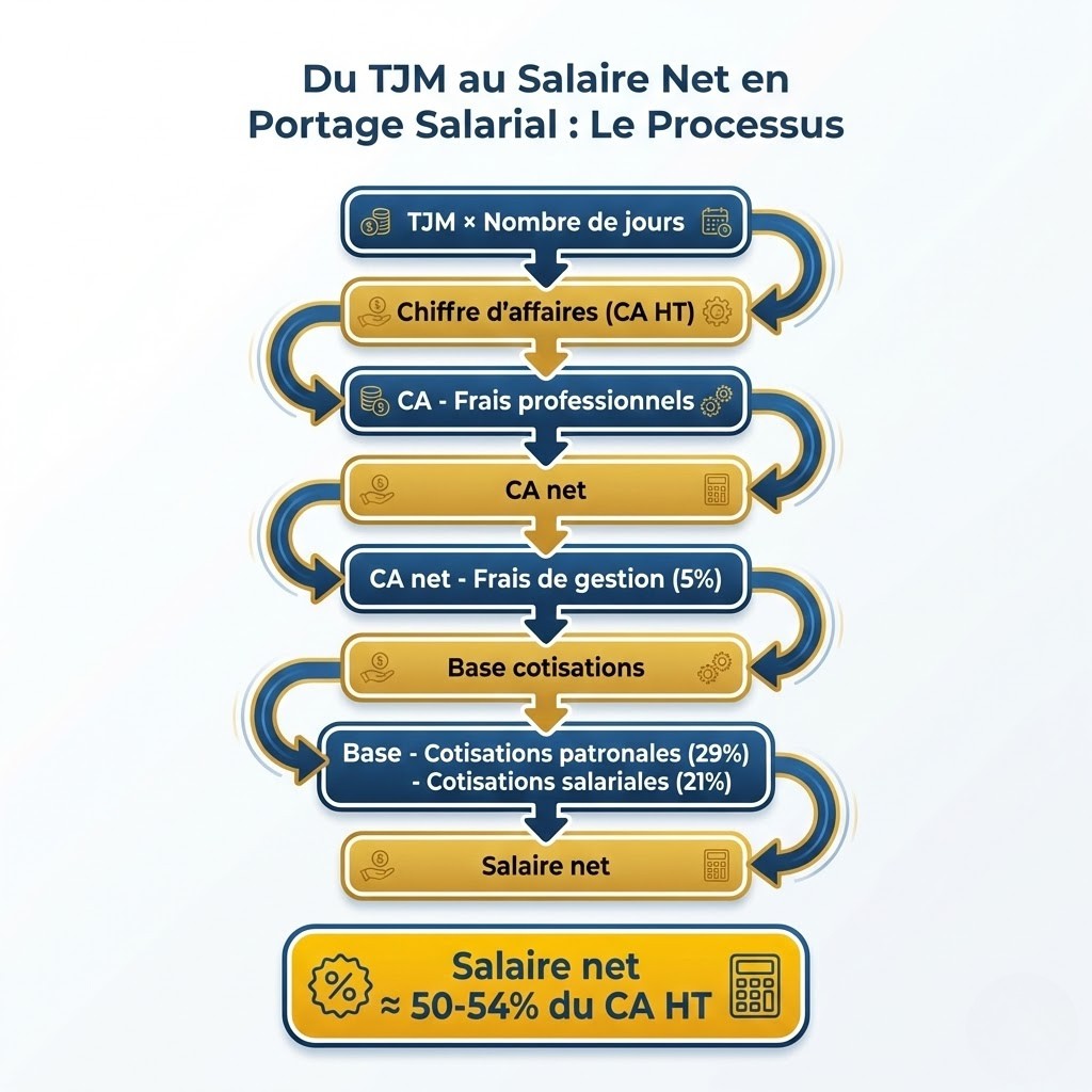 Infographie verticale expliquant la conversion du TJM en salaire net en portage salarial