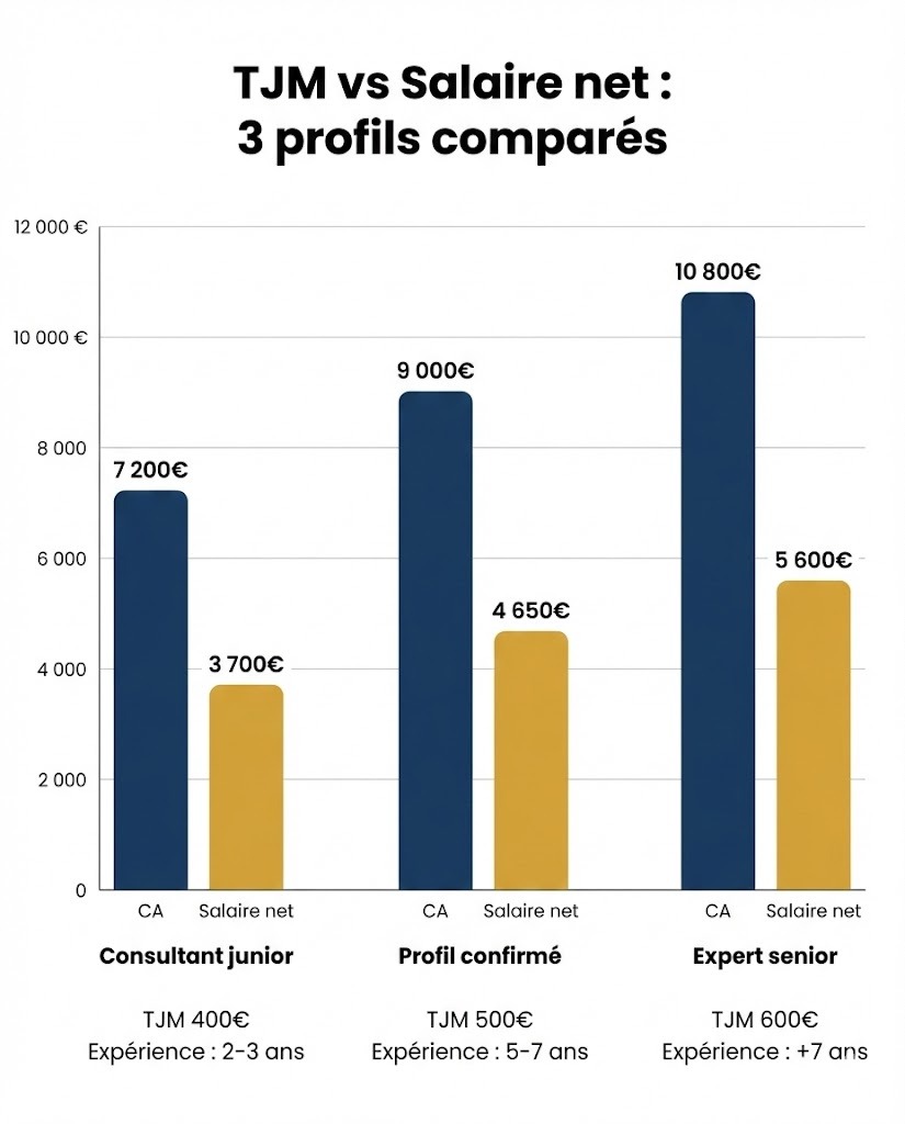 Infographie comparative des salaires nets selon le TJM en portage salarial