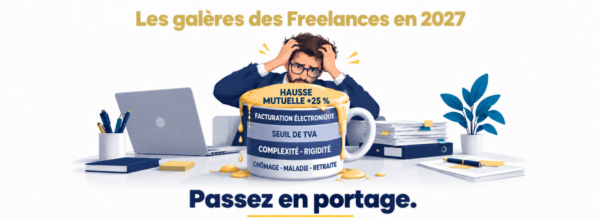 Illustration d’un freelance, les mains dans les cheveux, derrière un mug débordant de contraintes : chômage, maladie, retraite, complexité, rigidité, seuil de TVA, facturation électronique et hausse de mutuelle de 25 %. Titre : « Les galères des Freelances en 2027 ». En pied : « Passez en portage. »