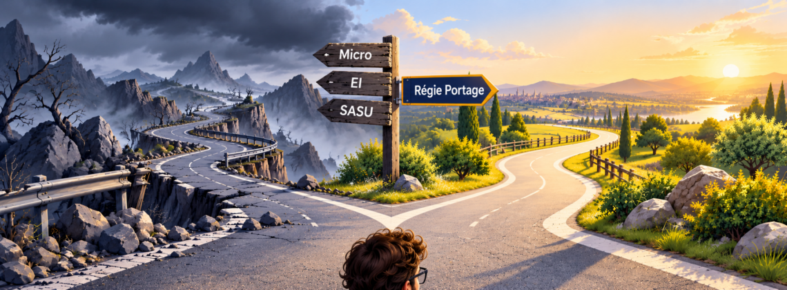 Illustation du consultant face à une intersection. A gauche le parcours indique EI , Micro, SASU et chemin risqué. A droite la voie semble dégagée et agréable et indique Régie portage